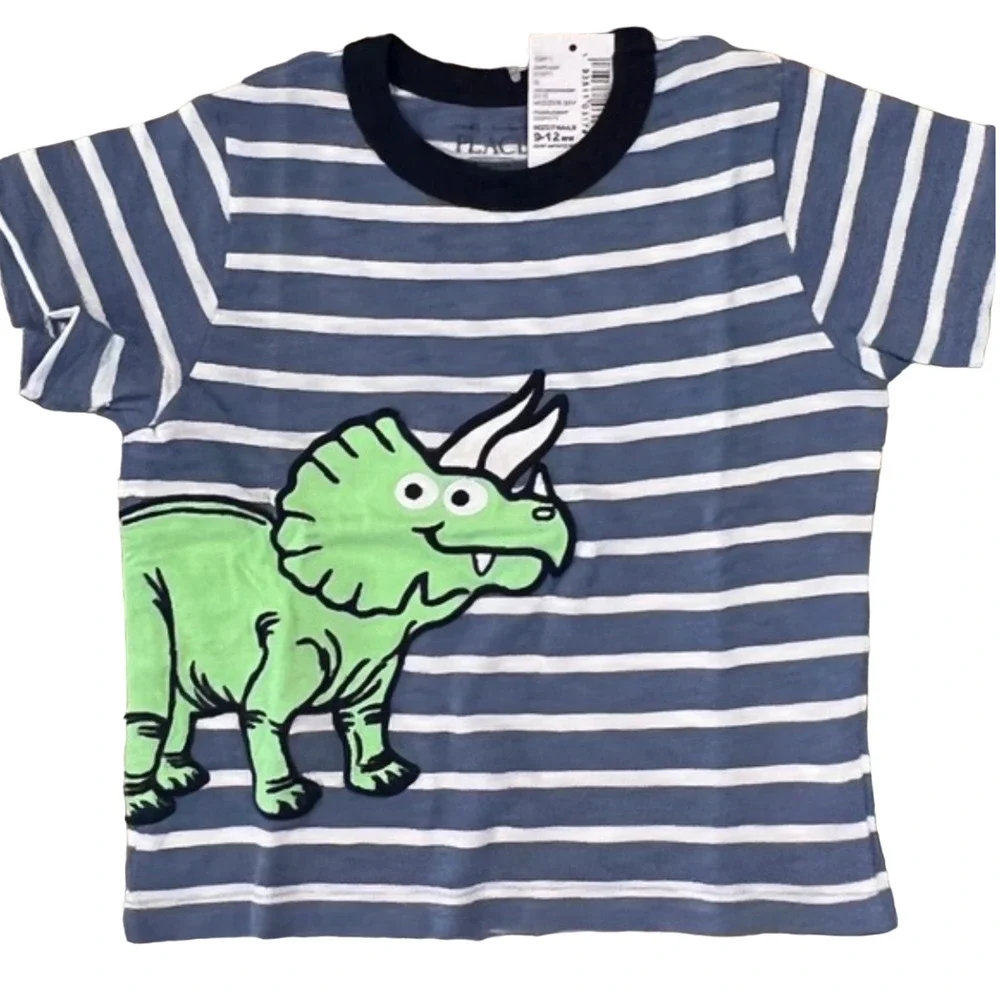 NWT Children's Place Blue & White Stripe W/Embroidered Dinosaur Tee -